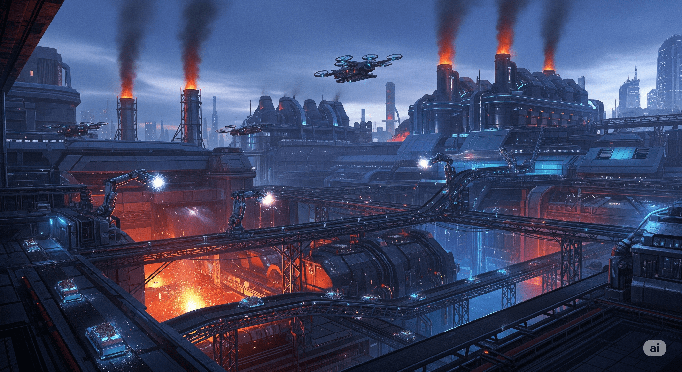 A futuristic industrial factory with data overlays